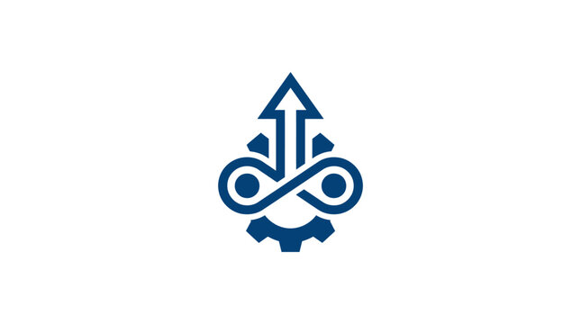 Blue gear with arrow logo symbol.