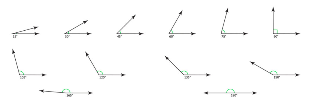 Bundle of different arrow angles from acute to right, obtuse and straight 180 with step 15 degrees. Math symbols or force vectors. Measure and geometry learning vector collection