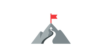 A red flag stands proudly on top of a grey mountain peak with a winding path © samuel