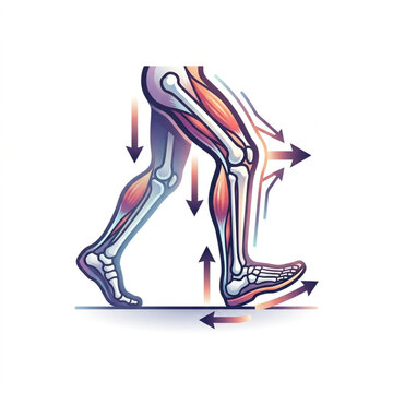 Anatomical illustration of human legs in motion showing muscles and bones.