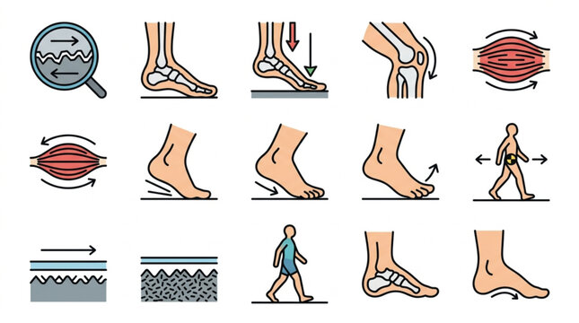Medical Illustrations of Human Foot and Leg Anatomy and Movement.