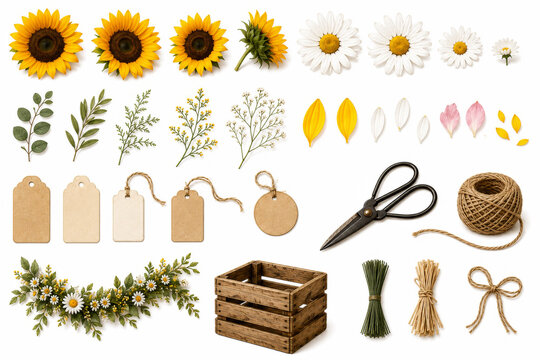 Floral Crafting Layout with Sunflowers Daisies and Vintage Tools
