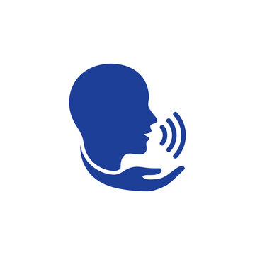 Blue silhouette of a speaking head.