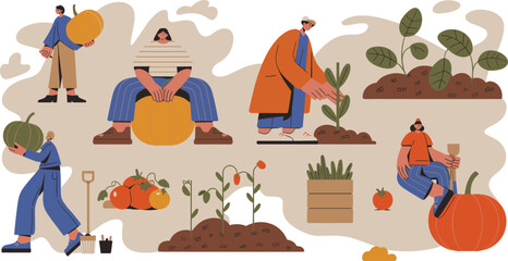 Fototapeta premium Vector illustration of people gardening and harvesting vegetables including watermelon, squash, pumpkins, tomatoes, and leafy greens