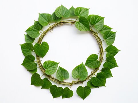 A circular stem of Tinospora cordifolia plant with vibrant green heart shaped leaves on white back.