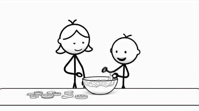 Mother and Child Cooking Illustration in Black and White Cartoon Style Minimalist Design Recipe Preparation Learning