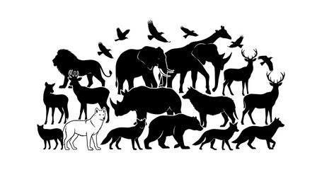 Fototapeta premium Black silhouettes of diverse wild animals including lion elephant giraffe rhino and bear arranged in a group collection design isolated on transparent background, Vector