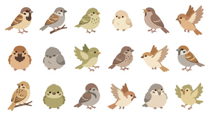 Obraz premium Collection of cute cartoon sparrows in various poses and expressions, isolated on a white background.