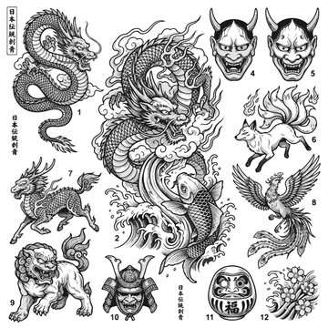 Japanese Tattoo Traditional Design Collection Featuring Mythical Creatures and Masks