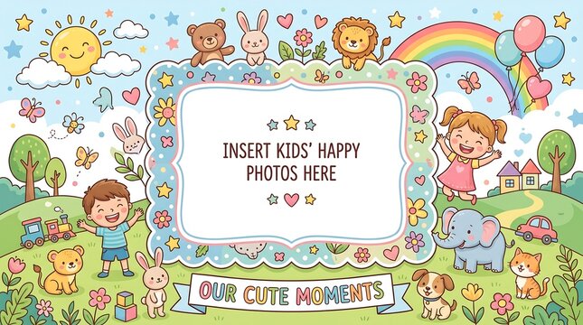 Cute Cartoon Kids Photo Frame Border with Happy Children and Animals Template