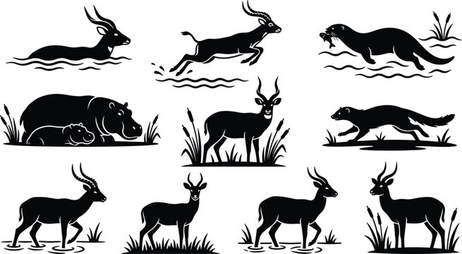 African Wetland Wildlife Silhouette Icon Set Featuring Antelope Hippopotamus Otter Catching Fish And Mongoose For Graphic Designs
