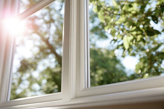 Window frame. Modern residential PVC window. Closed new white window frame, handle, clean plastic windowsill in apartment room, green trees outdoor view from home, office. Bright clear day bokeh light