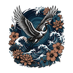 Obraz premium Crane Flying over Ocean Waves and Vibrant Flowers for a Classic Japanese Tattoo Design