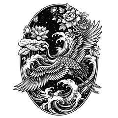 Obraz premium Crane Japanese Tattoo Art Illustrating Lotus Flowers and Majestic Ocean Waves