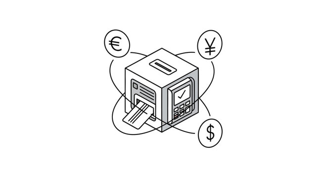 An isometric illustration of a financial terminal processing global currency payments