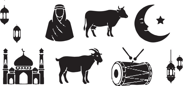 Eid al-adha festival icons set featuring a mosque, cow, goat, crescent moon, star, and traditional lanterns in a black silhouette style isolated on transparent background, Vector