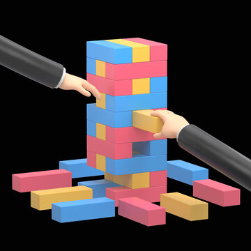 Cartoon Gesture Icon Mockup.Businessman hands play wood block tower game, Teamwork, Strategy and Vision concept.3D rendering on black Screen for footage and clipping path.