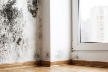 Plakat Black mould and fungus on wall near window. The problem of ventilation, dampness, cold in the apartment. Mold spots in the corner of white walls. Spores thrive on moisture quickly grow into colonies