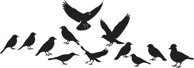 Naklejka premium Group of black birds flying and standing in a flock isolated on transparent background, Vector