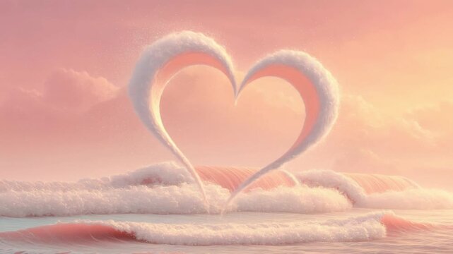 Surreal pink ocean wave curling with cloud-like foam under soft pastel sunset sky creating dreamy tranquil seascape with gentle warm light and calm water surface