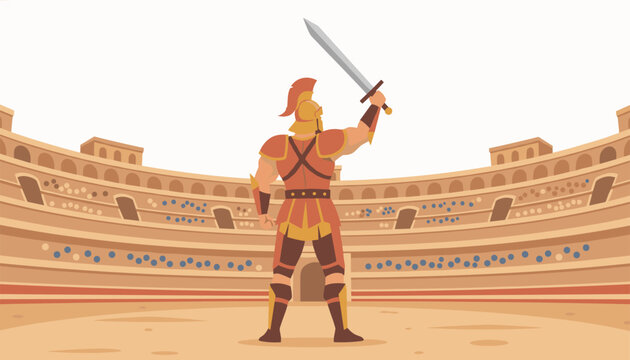 Roman gladiator standing in the center of an ancient coliseum arena raising his sword to celebrate a victory in battle.