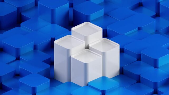 Abstract 3d animation of white geometric pedestals rising from blue cube grid, seamless looping background for business growth and data visualization.  3d rendering not AI