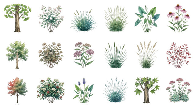 Hand Drawn Watercolor Native Street Trees and Vegetation Vector Set for Landscape Architecture