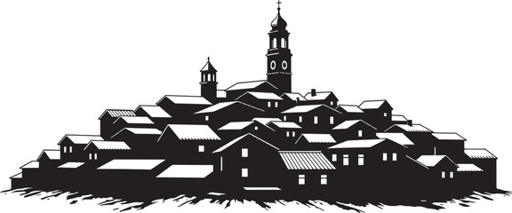 Obraz premium Black silhouette of a small old european village with a church tower on a hill isolated on transparent background, Vector
