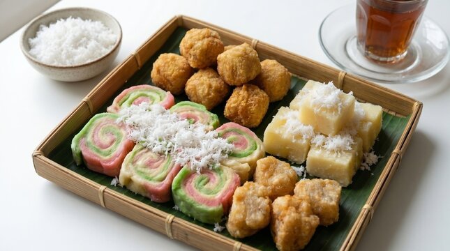 An assortment of traditional Indonesian jajan pasar snacks including tricolor getuk gulung, getuk kotak with grated coconut, and fried misro cassava balls on a banana leaf bamboo tray with tea.