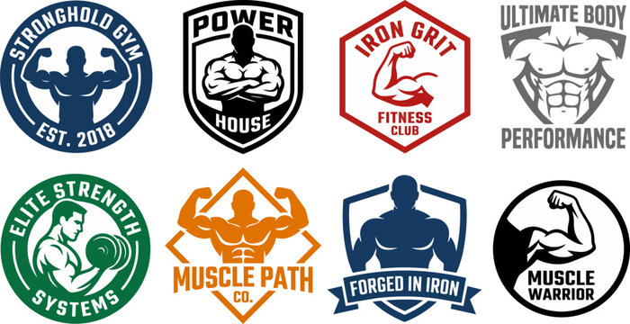 Muscle man vector fitness and bodybuilding gym emblems