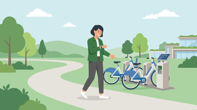 Woman checking smartwatch near shared electric bikes in park