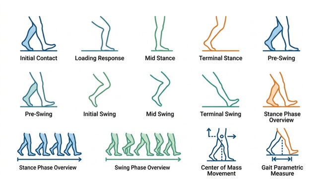 Diagram of human walking gait cycle phases and movements.