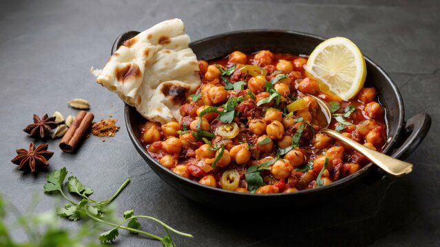 Chickpea masala cooked with aromatic spices and served with fresh naan bread presents a traditional meal.