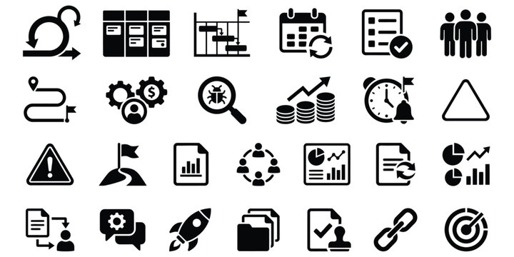 Set of flat black project management and agile development vector icons