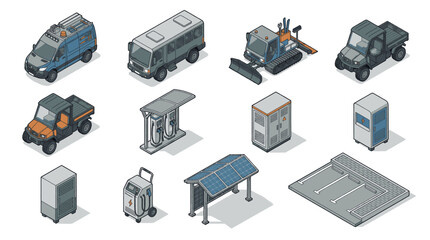 Isometric collection of modern vehicles and infrastructure elements for urban planning and transportation concepts. © Maulana