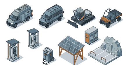 Isometric collection of electric vehicles, charging stations, and construction equipment, representing sustainable technology and infrastructure. © Maulana