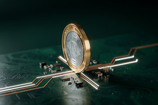  Gold Cryptocurrency Coin with Ethereum Token Icon standing on Electronic Circuit Board Motherboard, Crypto Mining, FinTech Blockchain and Digital Currency Investment Concept