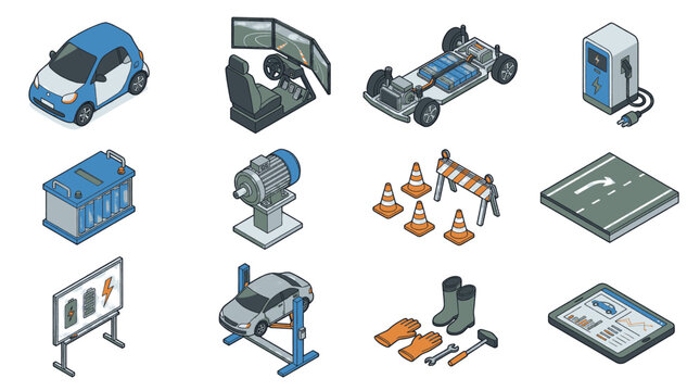 Isometric Icons Representing Electric Vehicle Technology and Infrastructure.
