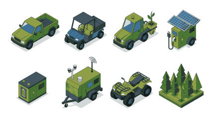 Set of isometric green vehicles and equipment for eco-friendly transportation and industry. © Maulana