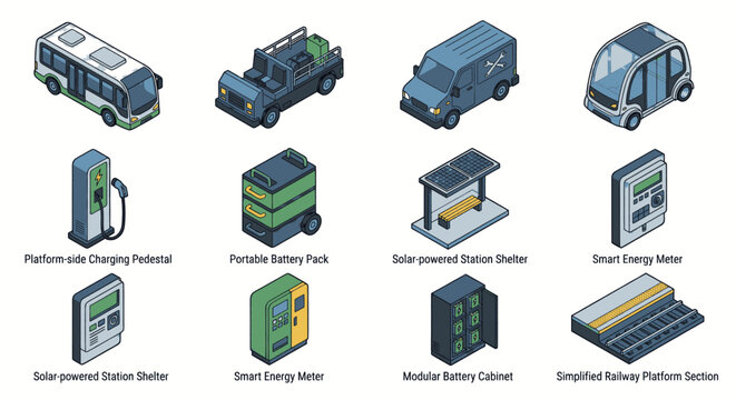 Isometric icons representing electric vehicles, charging stations, and energy storage solutions for sustainable transportation and smart cities.