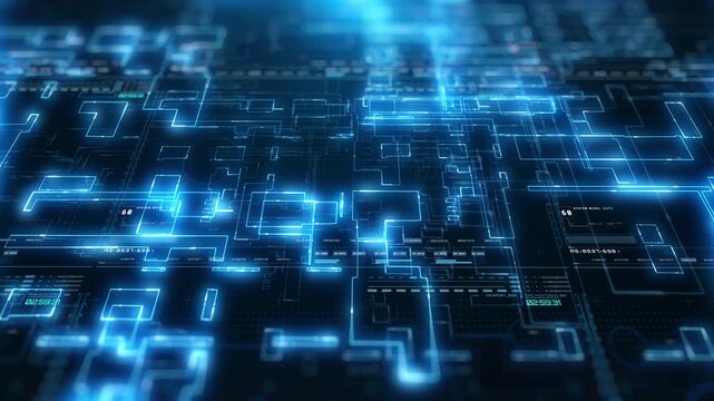 Network Connections in Data Center. Software Source Code and Big Data Linked in Virtual Cyberspace. Futuristic Digital Grid Background for Technology Presentation and Cyber Security Concepts.