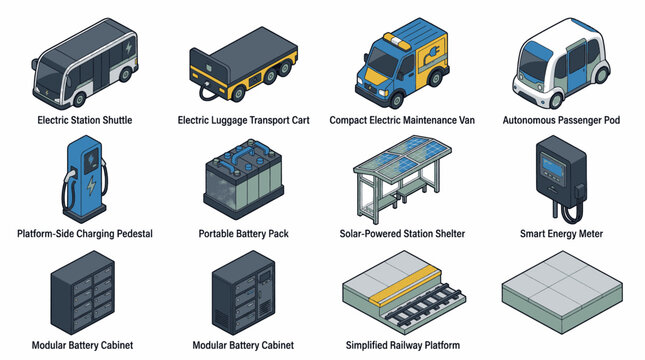 Isometric icons of futuristic electric transportation and infrastructure elements for smart cities.