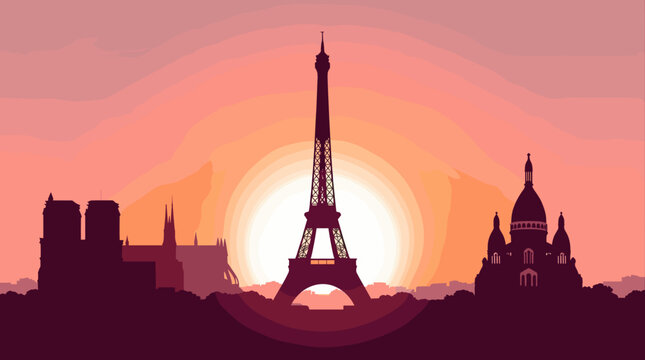 Eiffel Tower and Paris Landmarks at Sunset Silhouette
