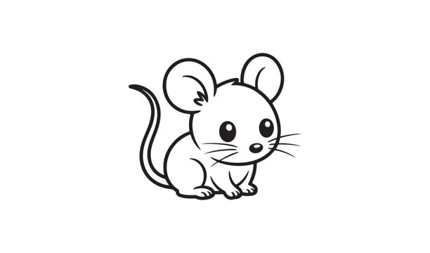 Cute little mouse line art illustration, simple black and white vector drawing of a small rodent for kids design