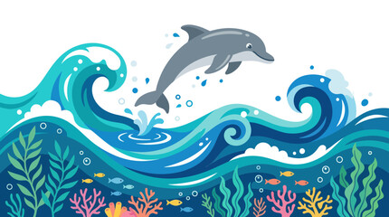 Stylized dolphin jumping over vibrant ocean waves. © diki