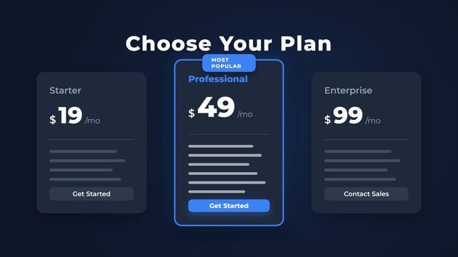 Pricing plan comparison, three subscription options, business plans, seamless loop, symbolizing choices and strategy