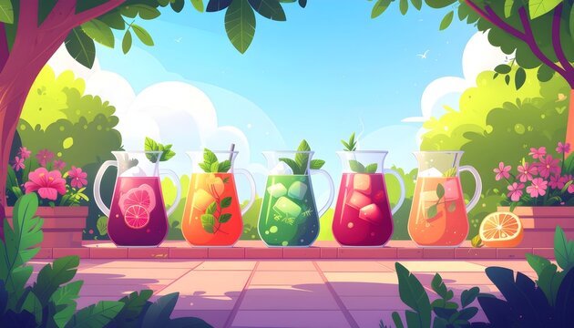 Five Beautiful Colorful Fruit Infused Drink Pitchers Lined Up on Brick Wall in Stunning Blooming Flower Garden Setting