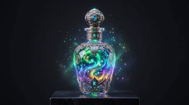 Glowing Enchanted Potion Bottle with Golden Elixir on Dark Mystic Background