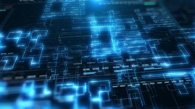 Abstract Motion Graphic of Digital Blue Data Matrix Lines and HUD Tech Grid. Cyber Security, Big Data Flow, and Virtual Network Space Connection Background for Futuristic Technology Concept.