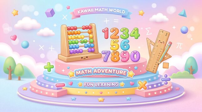 Colorful Educational Math Adventure Scene Featuring Abacus Numbers and Geometry Tools on Pastel Platforms for Kids Learning